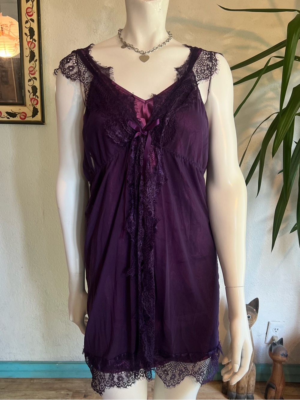 Lace-Trim Satin Chemise in Plum